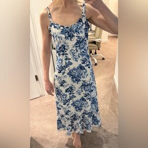 Aqua Blue and White Floral Midi Dress